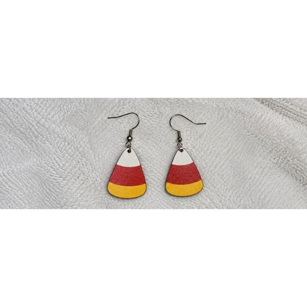 Handmade Candy Corn Fall Halloween Dangle Earrings Wooden Lightweight
